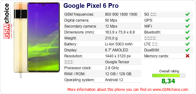 Google Pixel 6 Pro 手機技術數據