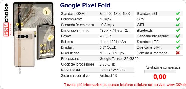 Google Pixel Fold Dati tecnici di telefono cellulare 