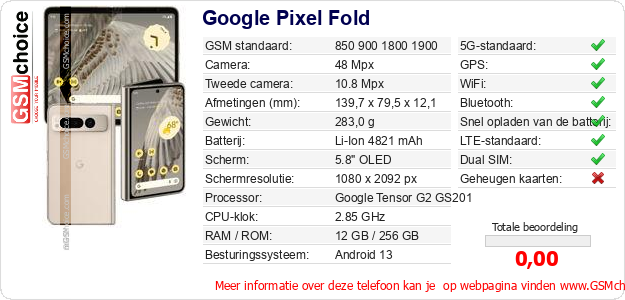 Google Pixel Fold Technische gegevens 