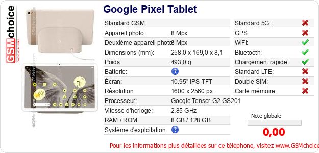 Google Pixel Tablet Fiche technique