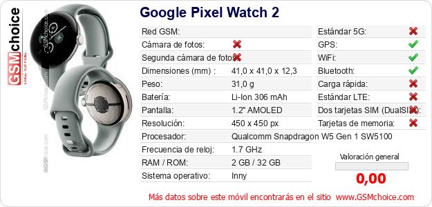 Google Pixel Watch 2 Datos técnicos del móvil 