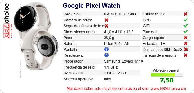 Google Pixel Watch Datos técnicos del móvil 