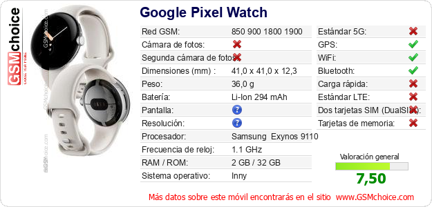 Google Pixel Watch Datos técnicos del móvil 