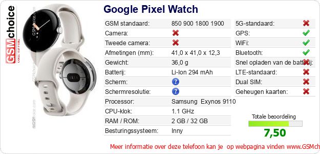 Google Pixel Watch Technische gegevens 