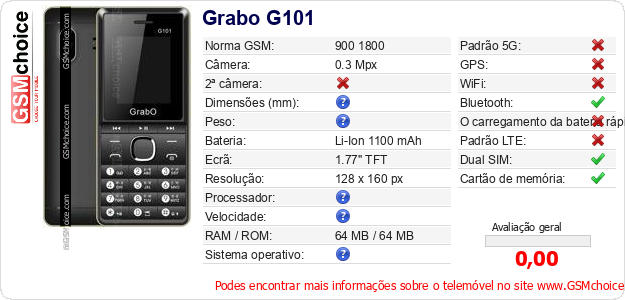 Grabo G101 Especificações técnicas do telemóvel Grabo G101 Especificações técnicas do telemóvel