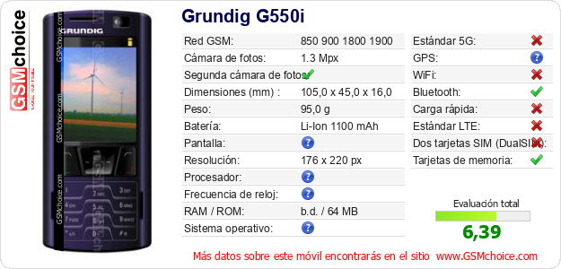 Grundig G550i Datos técnicos del móvil 