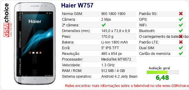 Haier W757 Especificações técnicas do telemóvel 
