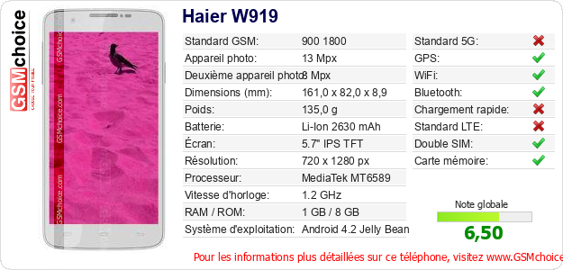 Haier W919 Fiche technique