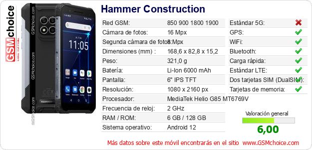 Hammer Construction Datos técnicos del móvil Hammer Construction Datos técnicos del móvil