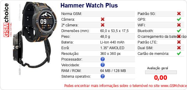 Hammer Watch Plus Especificações técnicas do telemóvel Hammer Watch Plus Especificações técnicas do telemóvel