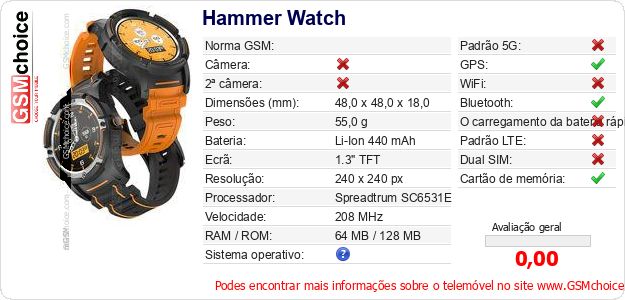 Hammer Watch Especificações técnicas do telemóvel Hammer Watch Especificações técnicas do telemóvel