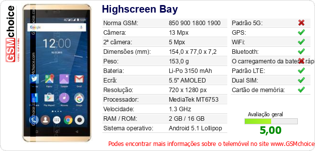 Highscreen Bay Especificações técnicas do telemóvel Highscreen Bay Especificações técnicas do telemóvel