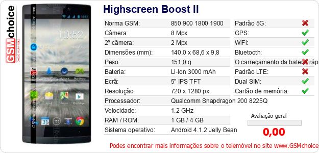 Highscreen Boost II Especificações técnicas do telemóvel Highscreen Boost II Especificações técnicas do telemóvel