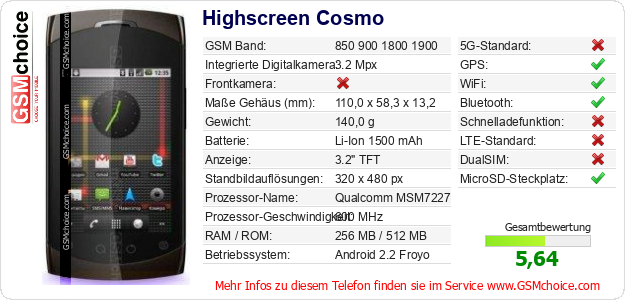 Highscreen Cosmo technische Daten Highscreen Cosmo technische Daten
