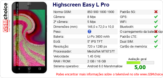 Highscreen Easy L Pro Especificações técnicas do telemóvel Highscreen Easy L Pro Especificações técnicas do telemóvel