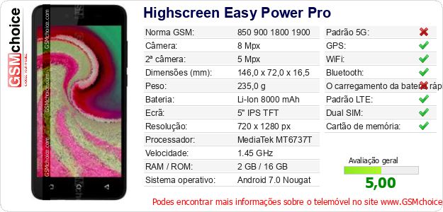 Highscreen Easy Power Pro Especificações técnicas do telemóvel Highscreen Easy Power Pro Especificações técnicas do telemóvel