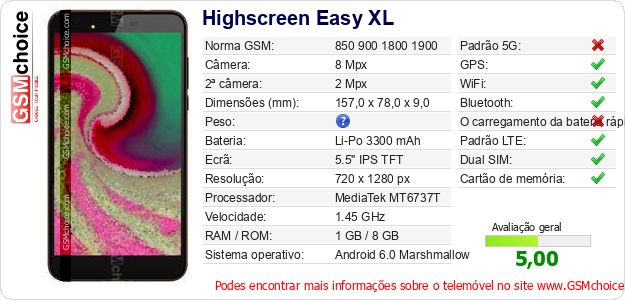 Highscreen Easy XL Especificações técnicas do telemóvel Highscreen Easy XL Especificações técnicas do telemóvel