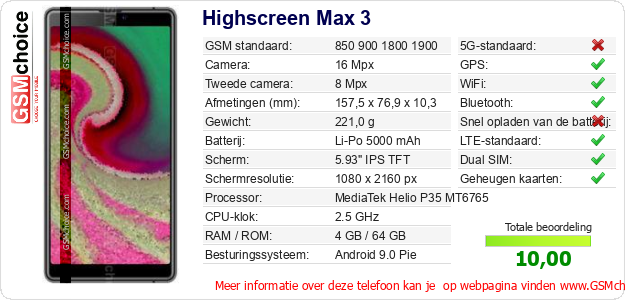 Highscreen Max 3 Technische gegevens Highscreen Max 3 Technische gegevens