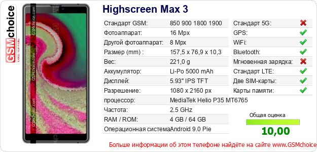 Highscreen Max 3 Технические данные телефона Highscreen Max 3 Технические данные телефона