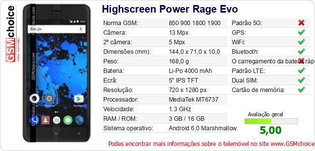 Highscreen Power Rage Evo Especificações técnicas do telemóvel Highscreen Power Rage Evo Especificações técnicas do telemóvel