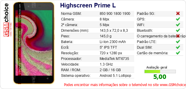 Highscreen Prime L Especificações técnicas do telemóvel Highscreen Prime L Especificações técnicas do telemóvel