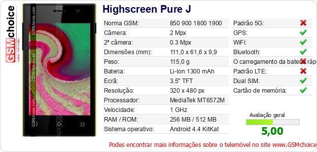 Highscreen Pure J Especificações técnicas do telemóvel Highscreen Pure J Especificações técnicas do telemóvel