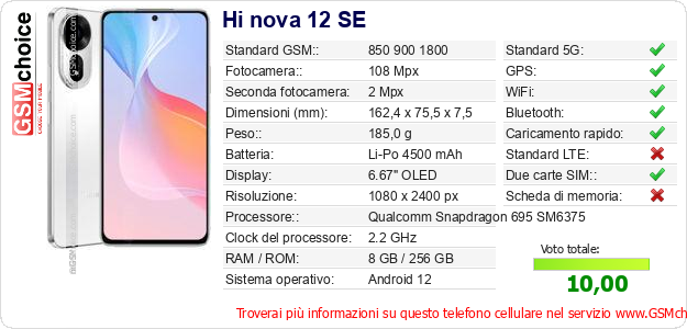 Hi nova 12 SE Dati tecnici di telefono cellulare Hi nova 12 SE Dati tecnici di telefono cellulare