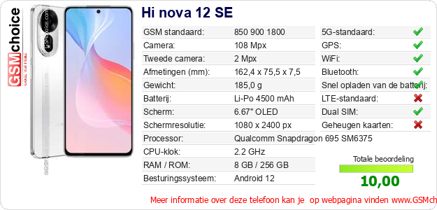 Hi nova 12 SE Technische gegevens 