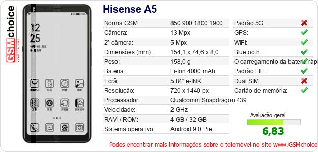 Hisense A5 Especificações técnicas do telemóvel Hisense A5 Especificações técnicas do telemóvel