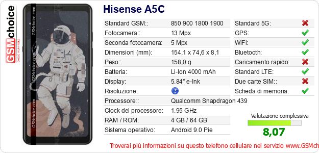 Hisense A5C Dati tecnici di telefono cellulare Hisense A5C Dati tecnici di telefono cellulare