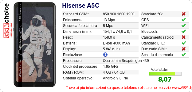 Hisense A5C Dati tecnici di telefono cellulare Hisense A5C Dati tecnici di telefono cellulare