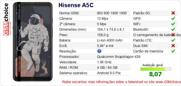 Hisense A5C Especificações técnicas do telemóvel 