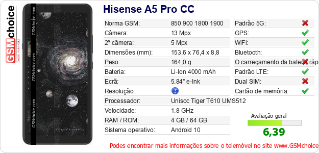 Hisense A5 Pro CC Especificações técnicas do telemóvel Hisense A5 Pro CC Especificações técnicas do telemóvel