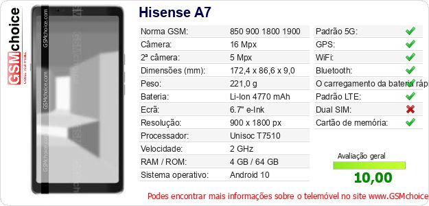 Hisense A7 Especificações técnicas do telemóvel Hisense A7 Especificações técnicas do telemóvel