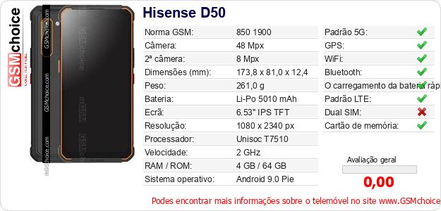 Hisense D50 Especificações técnicas do telemóvel Hisense D50 Especificações técnicas do telemóvel