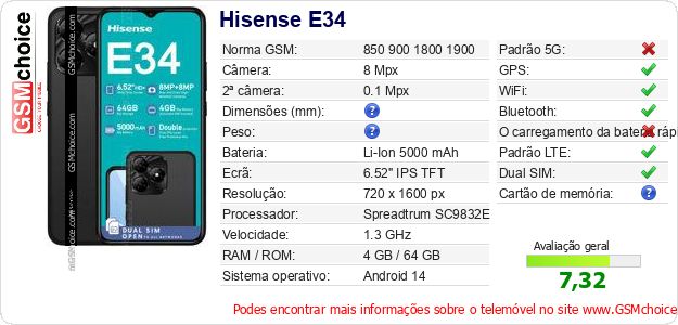 Hisense E34 Especificações técnicas do telemóvel Hisense E34 Especificações técnicas do telemóvel