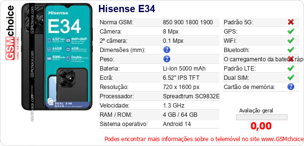 Hisense E34 Especificações técnicas do telemóvel 
