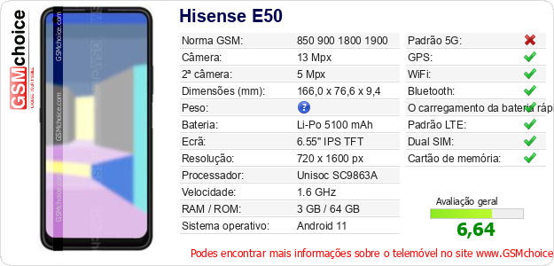 Hisense E50 Especificações técnicas do telemóvel Hisense E50 Especificações técnicas do telemóvel