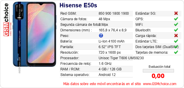 Hisense E50s Datos técnicos del móvil Hisense E50s Datos técnicos del móvil