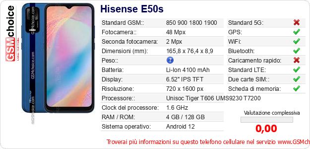 Hisense E50s Dati tecnici di telefono cellulare Hisense E50s Dati tecnici di telefono cellulare