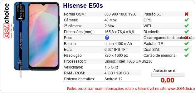 Hisense E50s Especificações técnicas do telemóvel 