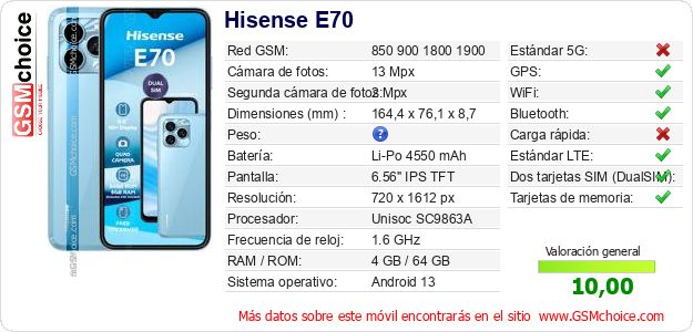 Hisense E70 Datos técnicos del móvil Hisense E70 Datos técnicos del móvil