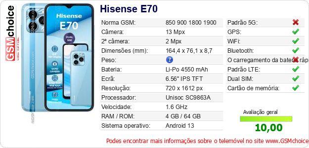 Hisense E70 Especificações técnicas do telemóvel Hisense E70 Especificações técnicas do telemóvel