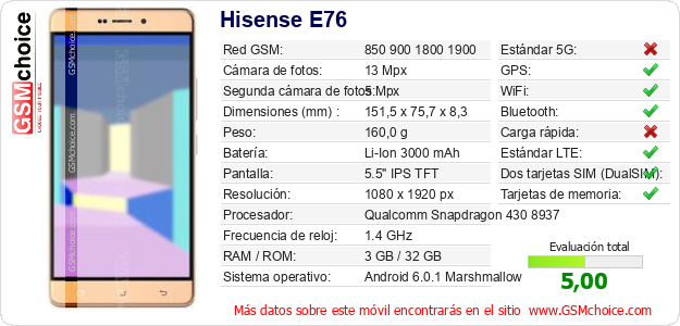 Hisense E76 Datos técnicos del móvil Hisense E76 Datos técnicos del móvil