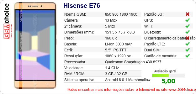 Hisense E76 Especificações técnicas do telemóvel 