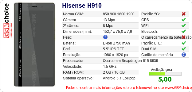Hisense H910 Especificações técnicas do telemóvel 