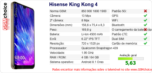 Hisense King Kong 4 Especificações técnicas do telemóvel Hisense King Kong 4 Especificações técnicas do telemóvel
