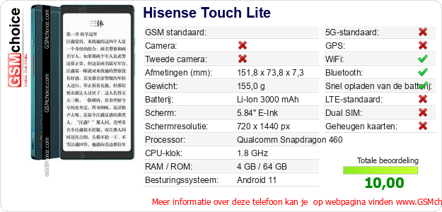 Hisense Touch Lite Technische gegevens Hisense Touch Lite Technische gegevens