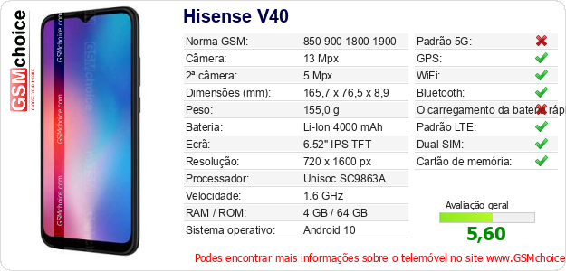 Hisense V40 Especificações técnicas do telemóvel 