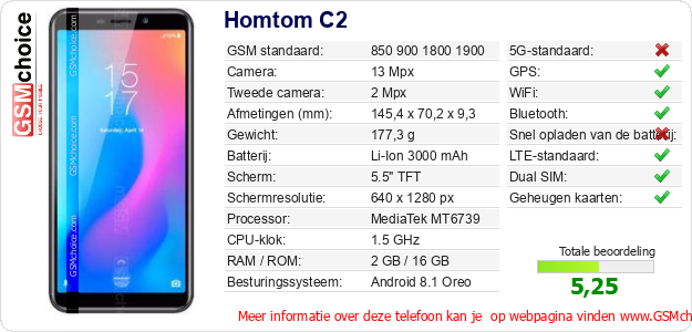 Homtom C2 Technische gegevens 